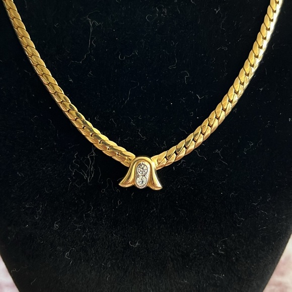 Vintage Gold-Tone Herringbone Chain Necklace with Rhinestone Accent 14 inch - Picture 2 of 3